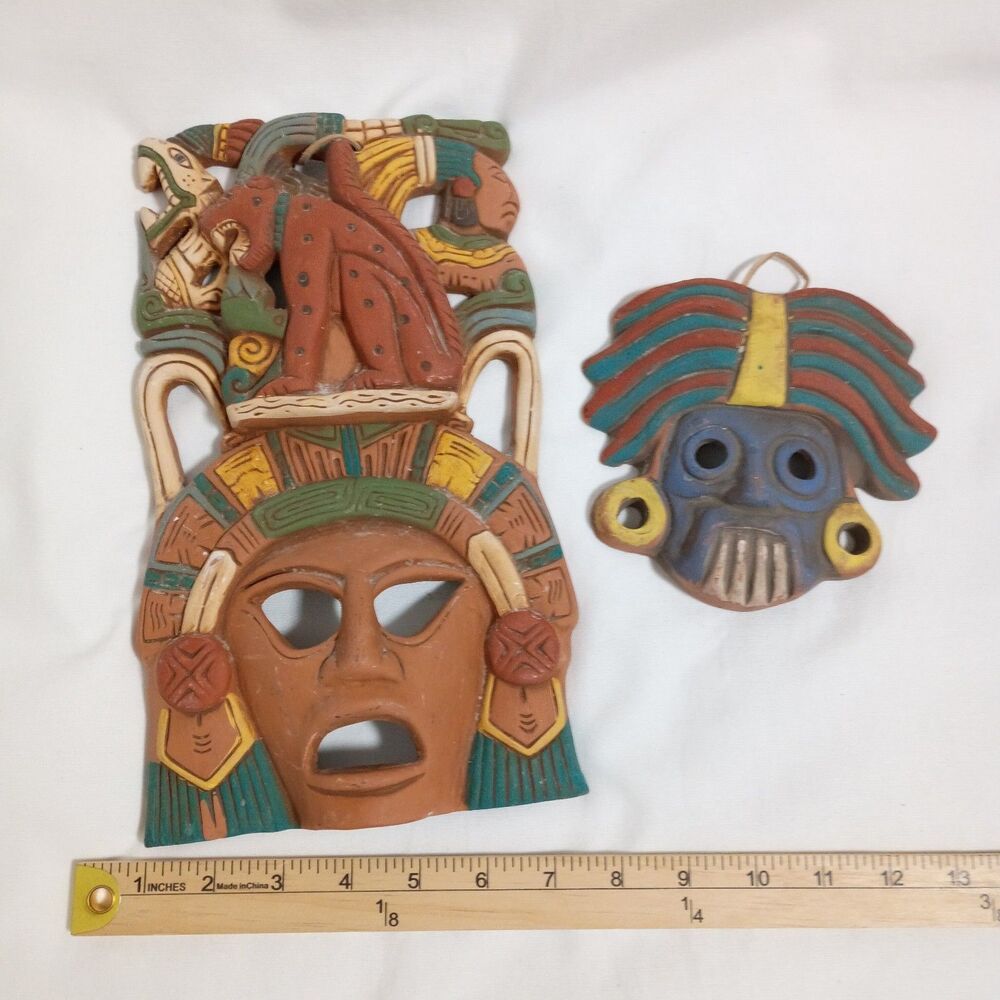 Mexican Aztec Decorative Clay Masks Signed Hand Painted Set of 2 Wall Hanging
